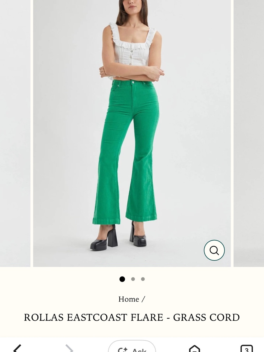 NWT ROLLA'S Bright Green Corduroy Eastcoast Flare High-Rise Pants